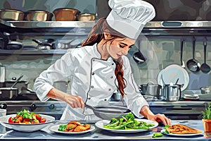 Female Chef Skillfully Crafting Gourmet Cuisine In Upscale Restaurant Kitchen Characters Standard