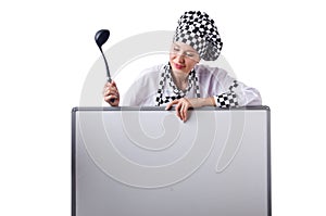 The female chef in uniform with menu board