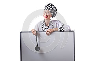 The female chef in uniform with menu board