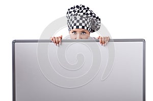 The female chef in uniform with menu board