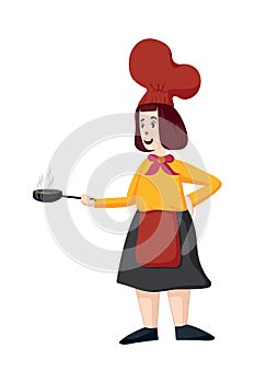 Female chef vector. Woman cook in apron standing with frying pan