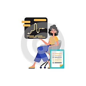 The female child sits in a moderate and holds a chart with statistic. Trendy style, Vector Illustration