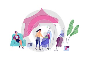 Female choosing clothes at rag fair or street market vector flat illustration. Buyer touch apparel on hanger, seller sit photo