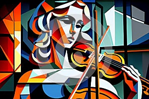 Female classical musician violinist playing a violin or viola in an abstract orchestra cubist style painting