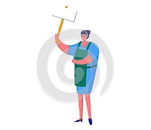 Female cleaner in apron holding squeegee high up. Woman worker in uniform cleaning window with tool vector illustration