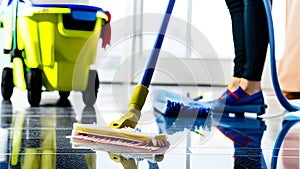 Female cleaning service worker cleaning a shiny tile floor with reflections with a brush and a bucket with cloths