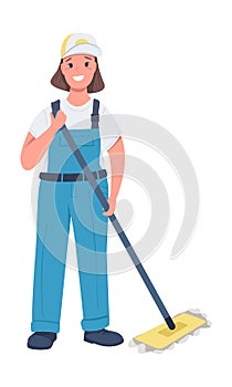 Female cleaning service worker semi flat color vector character
