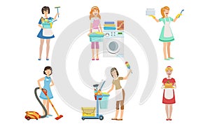 Female Cleaning Service Workers Doing Various Housework Chores Set, Housewives Characters in Aprons with Different