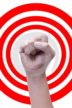 Female clenched fists raised in protest, isolated on a white background with red circle wave on hand. Proletarian protest symbol