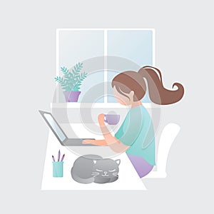 Female clerk or freelancer on workplace, girl with cup of coffee