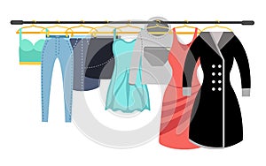 Female clothing wardrobe. Ladies colorful casual clothes hanging on rack vector illustration