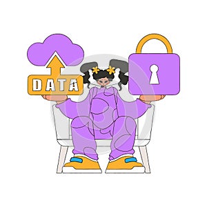 A female with a cloud storage system and a lock.