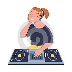Female club DJ playing music at console mixer. Smiling girl musician in headphones mixing music on deck cartoon vector