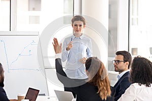 Female coach interact with employees at work office training