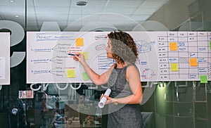 Female coach showing project management studies over glass wall