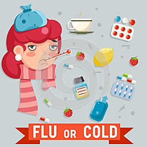 Female cold flu disease illness sickness medicine flat design vector illustration