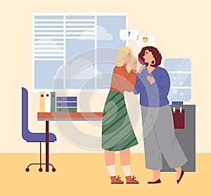 Female colleagues gossip in office workplace, flat cartoon vector illustration.