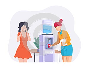 Female colleagues standing near water cooler and chatting