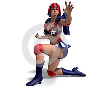Female comic hero in an red, blue, white outfit