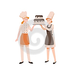 Female confectioners flat vector illustration. Pasty cookers holding two-tier cake with chocolate frosting isolated on