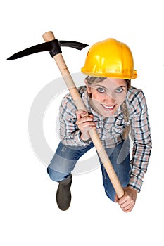 A female construction an pickaxe.