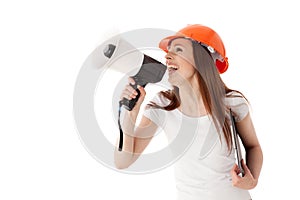 Female construction superintendent with megaphone photo