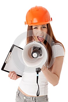 Female construction superintendent with megaphone photo