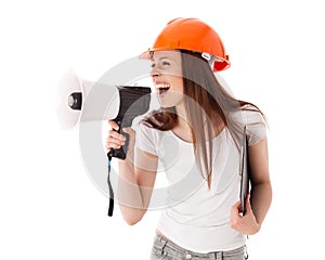 Female construction superintendent with megaphone
