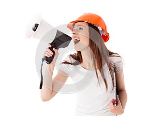Female construction superintendent with megaphone photo