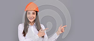 female construction worker. businesswoman in builder hardhat. chief architect engineer. Woman isolated face portrait