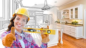 Female Construction Worker In Front of Custom Kitchen Drawing