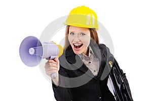 Female construction worker with loudspeaker isolated