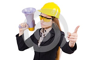 Female construction worker with loudspeaker isolated