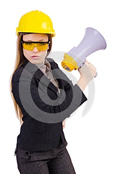 Female construction worker with loudspeaker