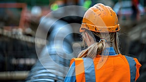 Female construction worker in orange safety gear overseeing pipeline installation at a construction site. photo