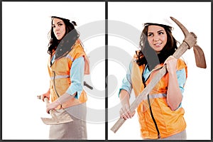 Female construction worker posing with pick axe