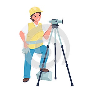 Female construction worker with video camera semi flat color vector character