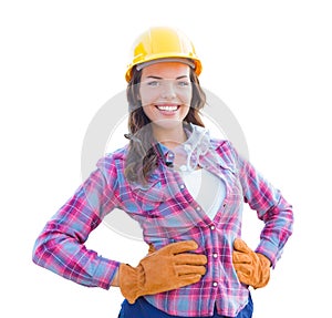 Female Construction Worker Wearing Gloves and Hard Hat