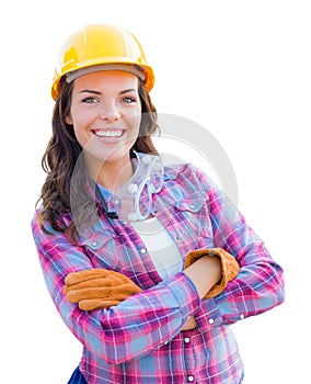 Female Construction Worker Wearing Gloves and Hard Hat