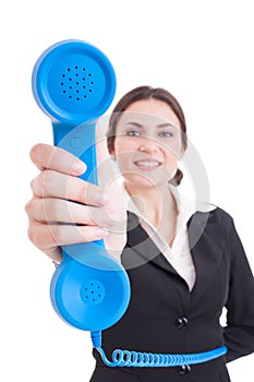 Female contact person showing classic telephone