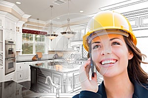 Female Contractor Using Cell Phone Over Kitchen Drawing Gradating to Photo