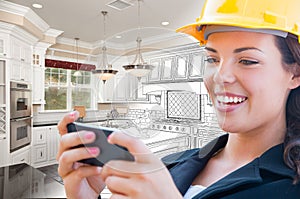 Female Contractor Texting on Phone Over Kitchen Drawing Gradating to Photo photo