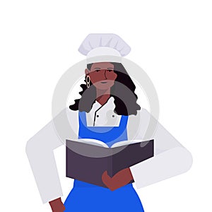 female cook in uniform african american woman chef holding recipe book cooking food industry concept