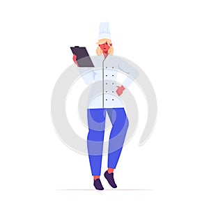 Female cook in uniform woman chef holding checklist cooking food industry concept