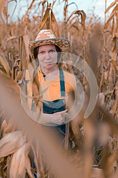 Female corn farmer using digital tablet in cornfield, smart farming