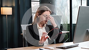 Female Corporate Office Worker Feels Stress, Frustration Works on Computer Pc.