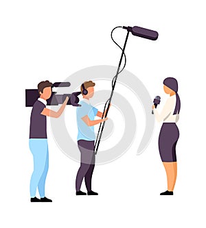 Female correspondent with camera crew with semi flat color vector characters