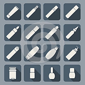 Female cosmetic and hygiene beauty treatment product packages icon set illustration