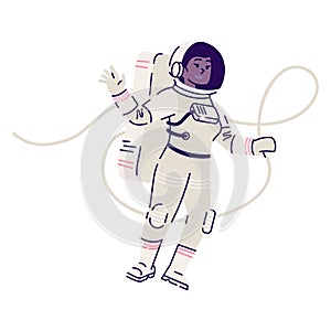 Female cosmonaut in spacesuit floating flat vector illustration. Astronaut, space explorer in spacesuit flying in zero