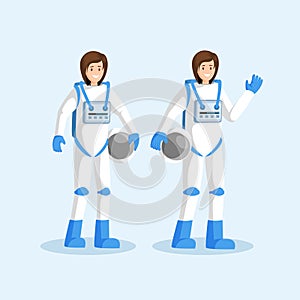 Female cosmonauts in spacesuits flat illustration. Smiling astronauts team standing, waving hand and holding helmets